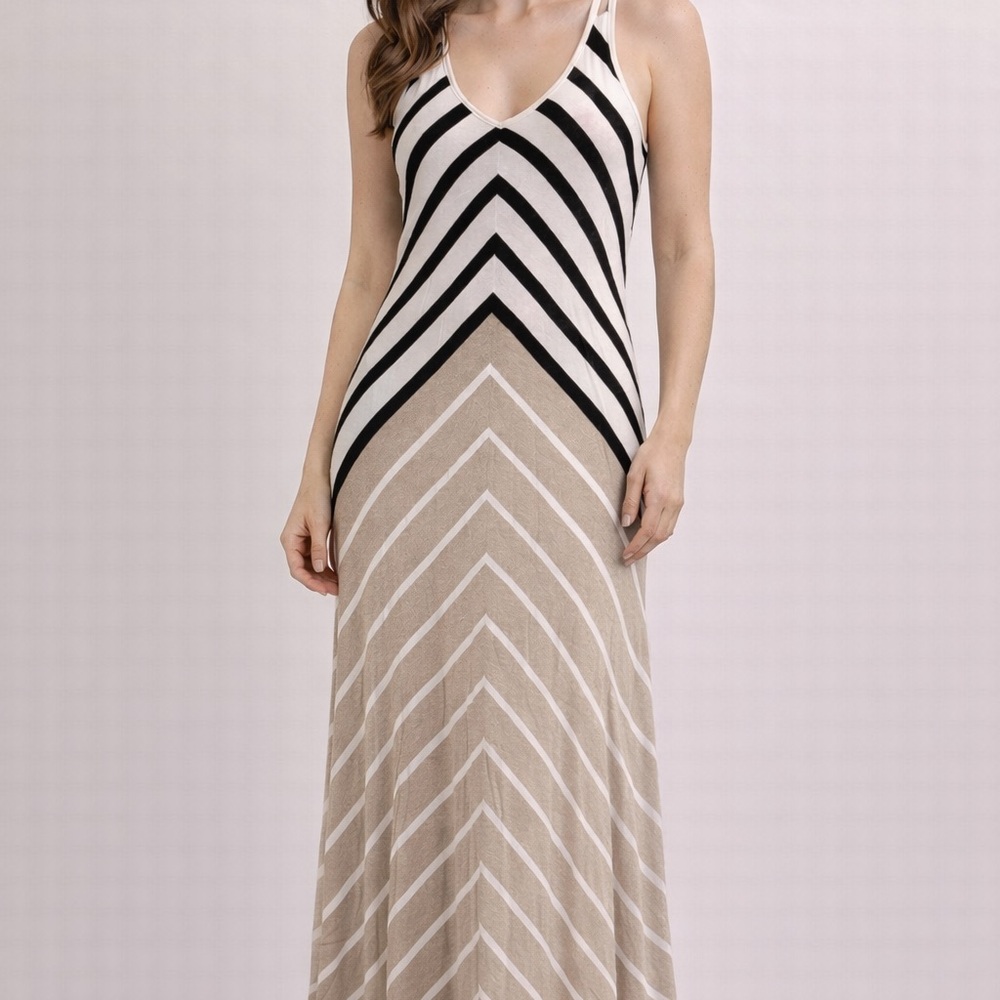 Calvin Klein Chevron Maxi Dress in Black and Cream